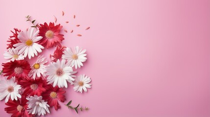  red and white daisies on a pink background with space for text.  generative ai