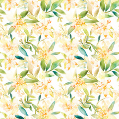 Seamless watercolor floral patterns, with flowers and foliage. Japanese abstract style. Use for wallpapers, backgrounds, packaging design, or web design