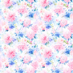 Seamless watercolor floral patterns, with flowers and foliage. Japanese abstract style. Use for wallpapers, backgrounds, packaging design, or web design