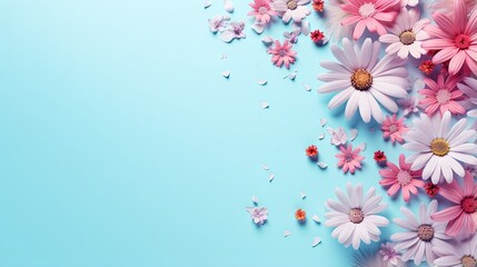  a bunch of pink and white flowers on a blue background.  generative ai