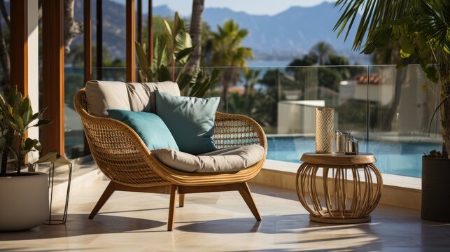 Lounge chair on terrace near swimming pool and garden in beach luxury villa