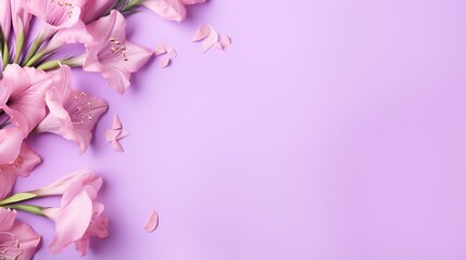 Fototapeta na wymiar a bunch of pink flowers on a purple background with space for text. generative ai