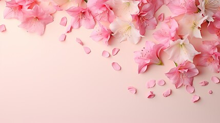  pink flowers on a pink background with petals scattered around them.  generative ai