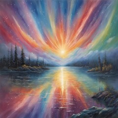 A watercolour painting of a rainbow sunset in a sparkling sky with reflections in a forest lake.