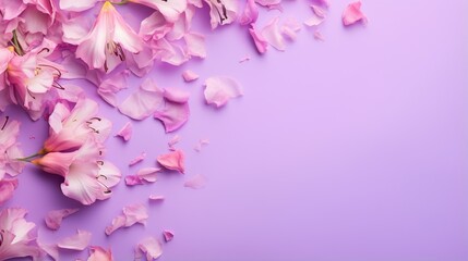  a bunch of pink flowers on a purple background with petals.  generative ai