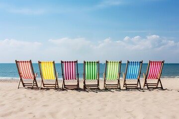 On the seashore there are sun loungers on the beach.