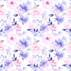 Seamless watercolor floral patterns, with flowers and foliage. Japanese abstract style. Use for wallpapers, backgrounds, packaging design, or web design