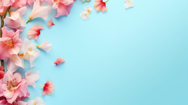  a blue background with pink and white flowers and butterflies on it.  generative ai