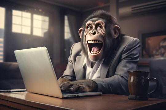 Monkey businessman with laptop.