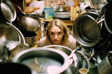 Overworked Woman in a Cluttered Kitchen