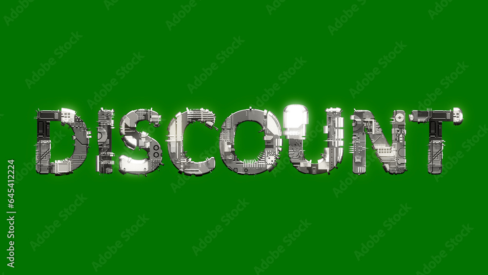Poster industrial style cybernetical text discount on chroma key screen bg, isolated - object 3d rendering