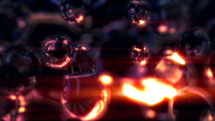 orange glowing gauzy liquid metaspheres on black bg - abstract 3D rendering
