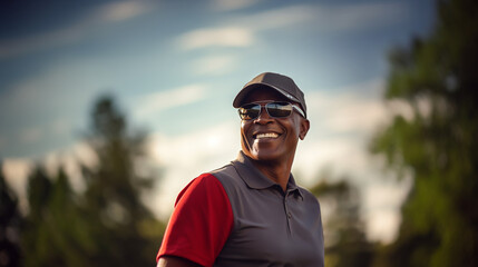 Portrait of a man in sunglasses. Coach, golf. Generative Ai