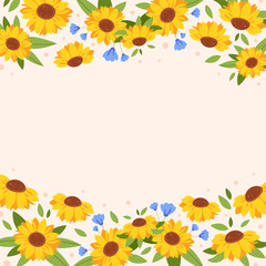 Sunflowers background. Sunflowers frame. Vector illustration in flat style