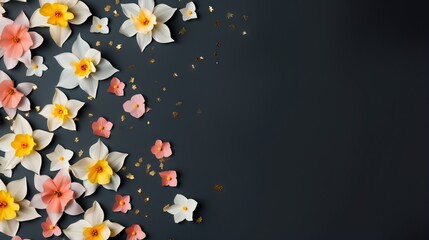  a bunch of flowers that are on a black surface with confetti.  generative ai