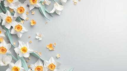  white and yellow flowers on a light gray background with space for text.  generative ai