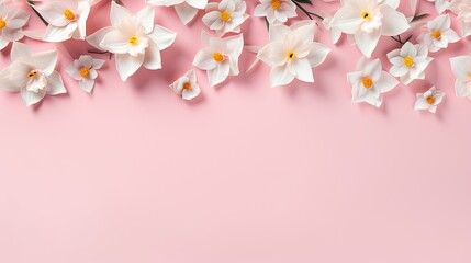  a pink background with white flowers and leaves on the top.  generative ai