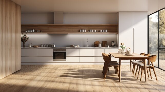 minimalist kitchen with laminate flooring and white walls furnished with a table