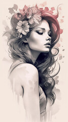 Fototapeta premium Tattoo Submission Template Brainstorming Devine Woman and Flowers Digital Art Generative AI Background Cover Magazin 