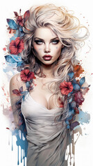 Fototapeta premium Tattoo Submission Template Brainstorming Devine Woman and Flowers Digital Art Generative AI Background Cover Magazin 