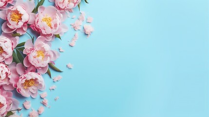  a bunch of pink flowers on a blue background with space for text.  generative ai
