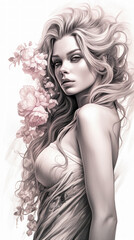 Fototapeta premium Tattoo Submission Template Brainstorming Devine Woman and Flowers Digital Art Generative AI Background Cover Magazin 