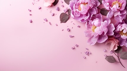  a bunch of pink flowers with leaves on a pink background.  generative ai