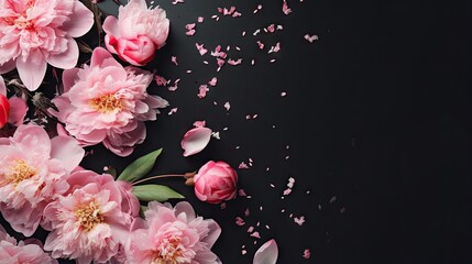  a bunch of pink flowers on a black background with pink confetti.  generative ai