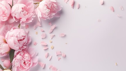  pink peonies on a white background with petals scattered around.  generative ai