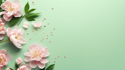  pink flowers on a green background with leaves and seeds scattered around.  generative ai