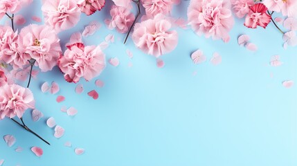  pink flowers on a blue background with petals scattered around them.  generative ai