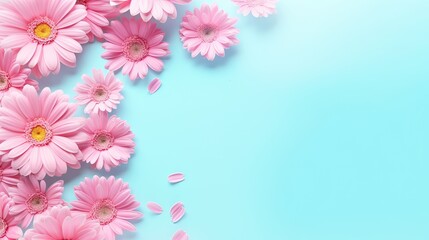 Fototapeta na wymiar pink daisies on a blue background with petals scattered around. generative ai