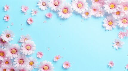 Obraz na płótnie Canvas pink daisies on a blue background with space for text. generative ai