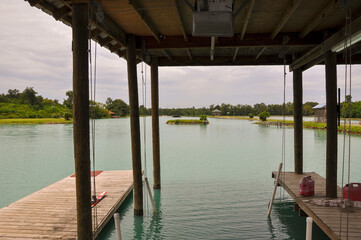Dock at waterski pond or lake.