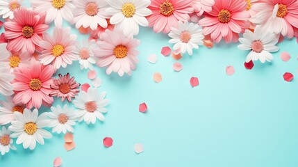  pink and white daisies on a blue background with confetti.  generative ai