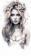 Fototapeta premium Tattoo Submission Template Brainstorming Devine Woman and Flowers Digital Art Generative AI Background Cover Magazin 