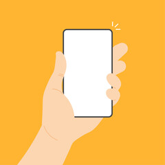Hand holding smartphone with blank screen. Phone mock up with white display. Vector illustration in modern flat style isolated on yellow background.