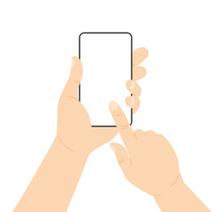Hand holding smartphone and touch blank screen. Phone mock up with white display. Vector illustration in modern flat style isolated.