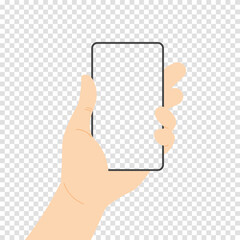 Hand holding smartphone with blank screen. Phone mock up with transparent display. Vector illustration in modern flat style isolated.