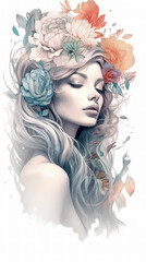 Tattoo Submission Template Brainstorming Devine Woman and Flowers Digital Art Generative AI Background Cover Magazin 