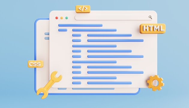 Website programming and coding. Web development and coding. 3d illustration.