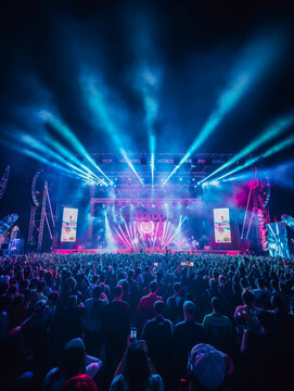A music festival with an illuminated stage and a crowd of spectators