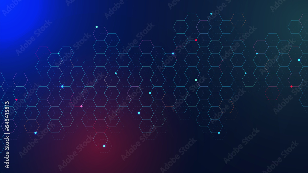 Poster abstract hexagons pattern with glowing particles. network connection, digital communication, science