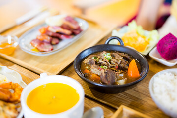 Braised beef meat bowl meal in Japanese restaurant