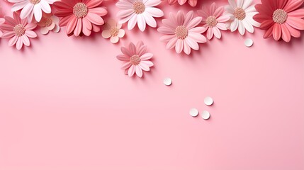  pink and white flowers on a pink background with white dots.  generative ai