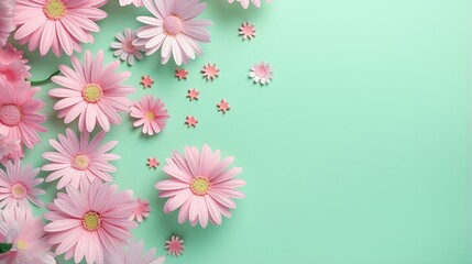  pink daisies on a green background with space for text.  generative ai