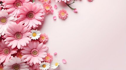 Fototapeta na wymiar a pink background with daisies and pink petals on it. generative ai