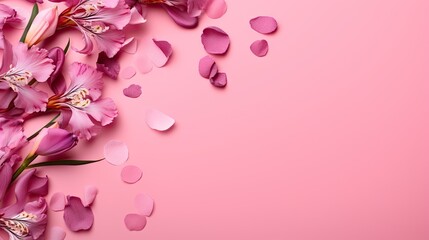  pink flowers and petals on a pink background with petals scattered around.  generative ai