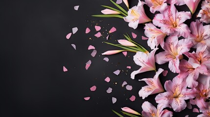  a bunch of pink flowers on a black background with confetti.  generative ai