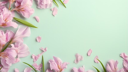  pink flowers on a green background with a place for text. generative ai